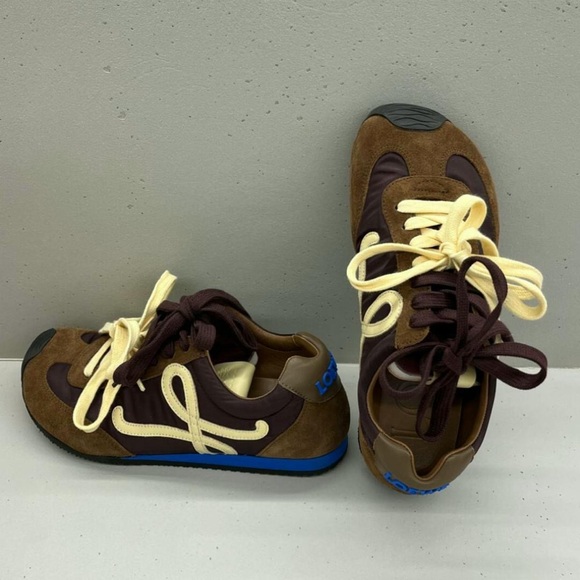 Loewe Shoes - Loewe Flow Runner Brown Suede Sneakers with Blue Sole - NEW